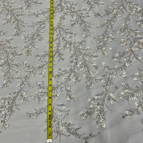 Beaded 3D Floral Lace Fabric - Ivory With Silver, 54" Width (1 Yard)