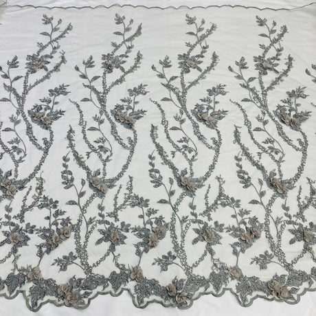 Beaded 3D Floral Lace Polyester Fabric - Embroidered Net Mesh, 48" Width (1 Yard)