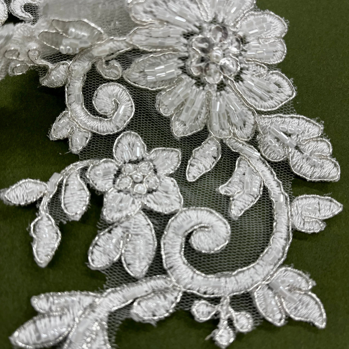 Beaded Corded Floral Lace Applique on Polyester Net Mesh