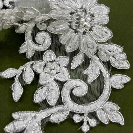 Beaded Corded Floral Lace Applique on Polyester Net Mesh