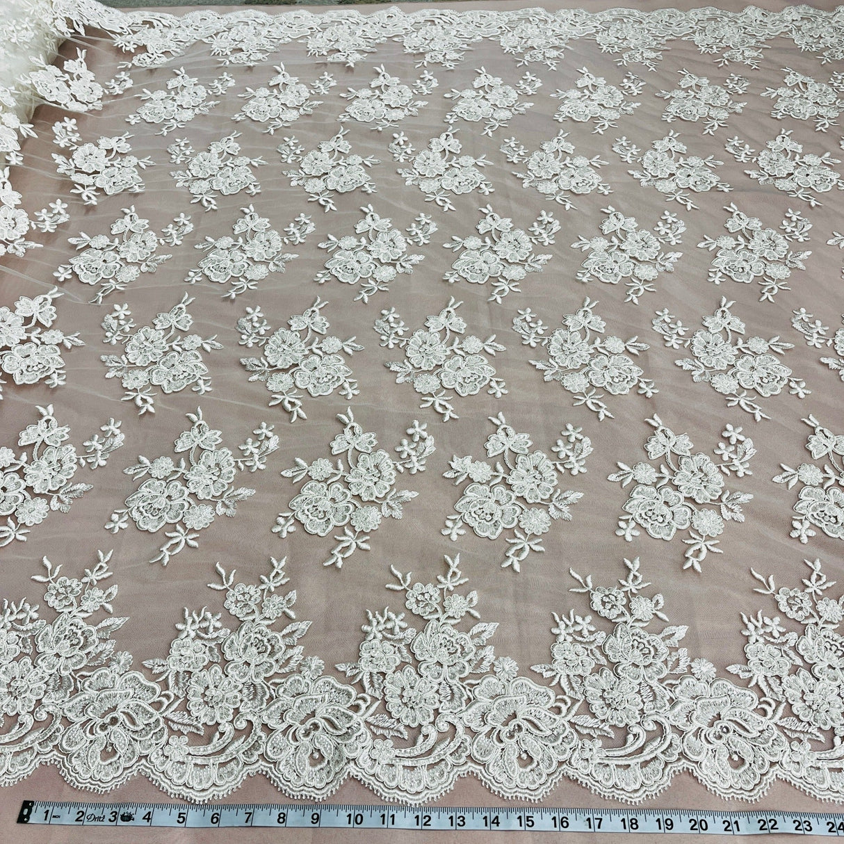 Beaded Corded Bridal Lace Ivory Mesh