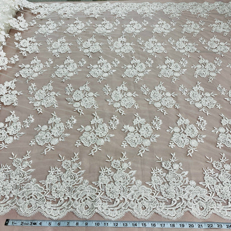 Beaded Corded Bridal Lace Ivory Mesh