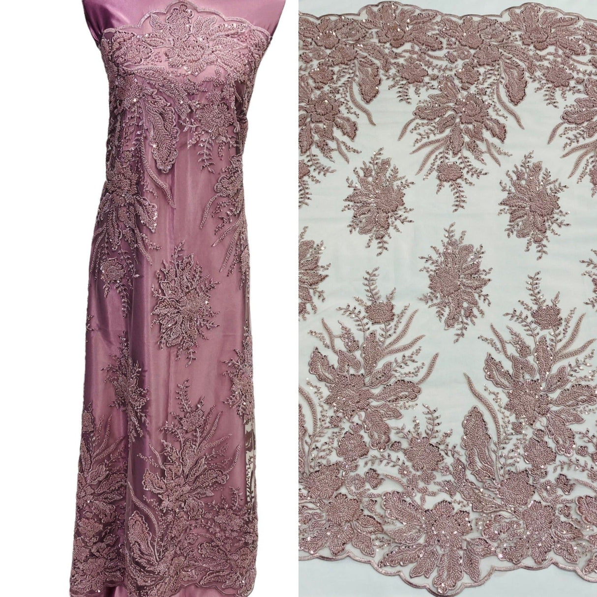 Beaded Lace Fabric Embroidered On 100 Percent Polyester Net Mesh - Blush, 48" Width (1 Yard)
