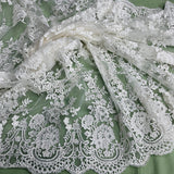 1 Yard Elegant Corded Bridal Lace Fabric with Floral Embroidery White