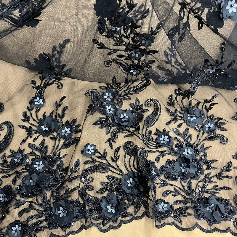 Beaded 3D Floral Lace Polyester Fabric - Black, Dusty Rose, Vanilla, 51" Width (1 Yard)