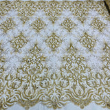 1 Yard Beaded & Corded Bridal Lace Fabric Embroidered on 100% Polyester Net Mesh