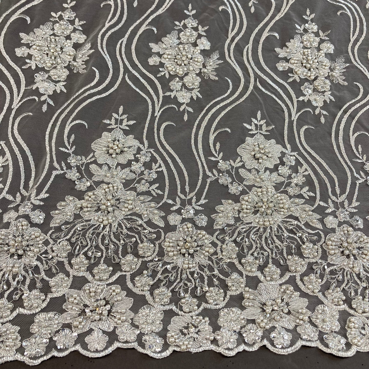 Beaded Lace Fabric on Polyester Net Mesh