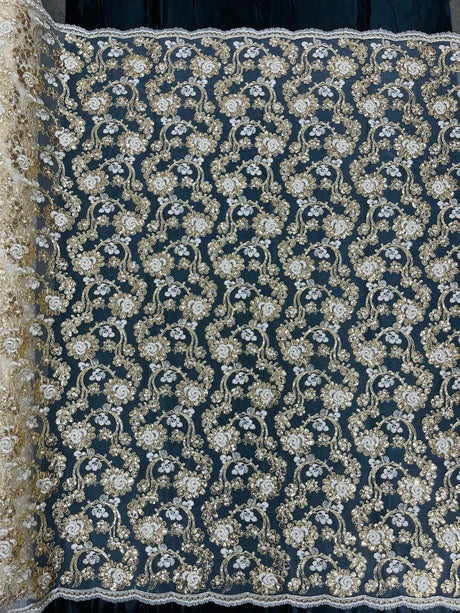 Pamela Floral Lace Polyester Fabric - Floral Corded Embroidered Sequin Lace, 50-54" Width (1 Yard)