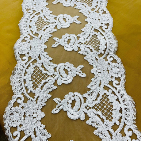 Corded Double Sided Lace Trimming Polyester Fabric - Embroidered Net Mesh, Gold, Silver, Ivory, White, 10" Width (1 Yard)