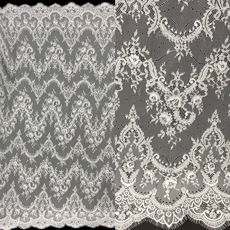 Chantilly Embroidered Lace Fabric - Eyelash Scallop, Off White/White, 52" Width (3 Yards)