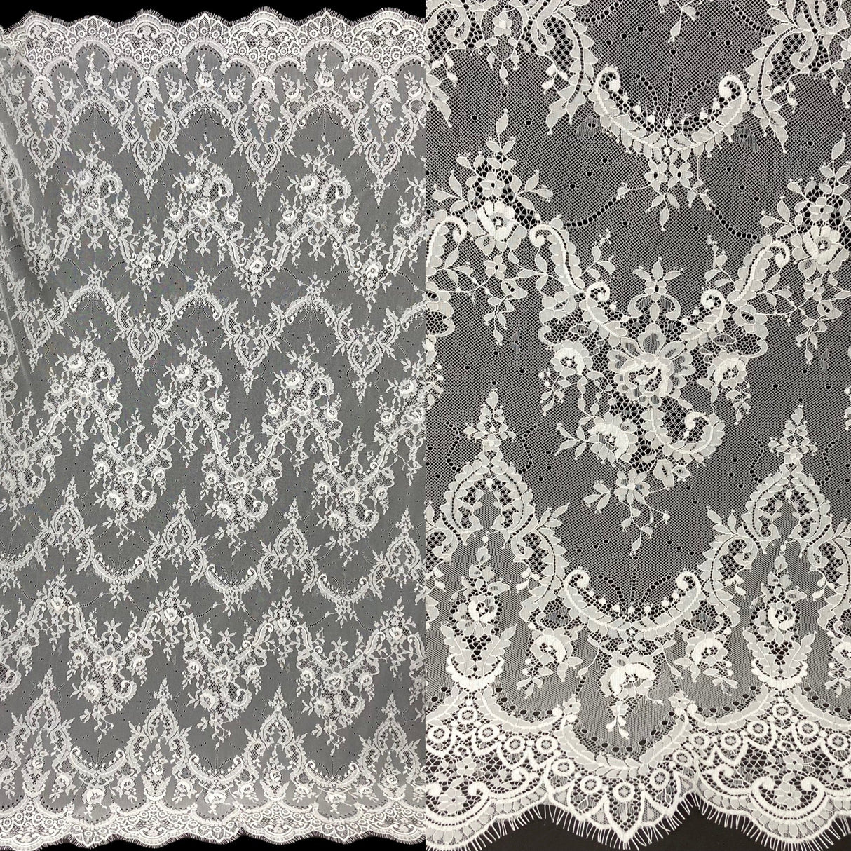 Chantilly Embroidered Lace Fabric - Eyelash Scallop, Off White/White, 52" Width (3 Yards)