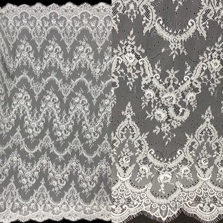Chantilly Embroidered Lace Fabric - Eyelash Scallop, Off White/White, 52" Width (3 Yards)