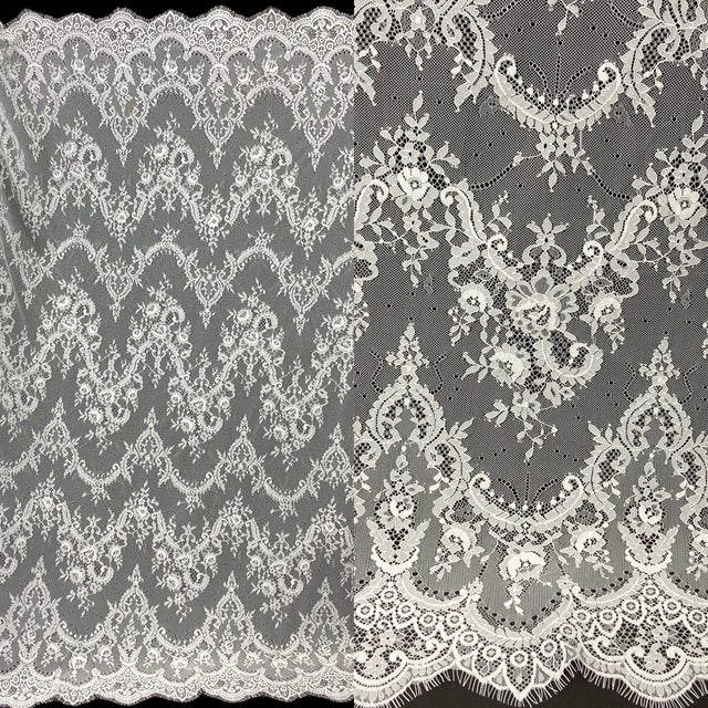 Chantilly Embroidered Lace Fabric - Eyelash Scallop, Off White/White, 52" Width (3 Yards)