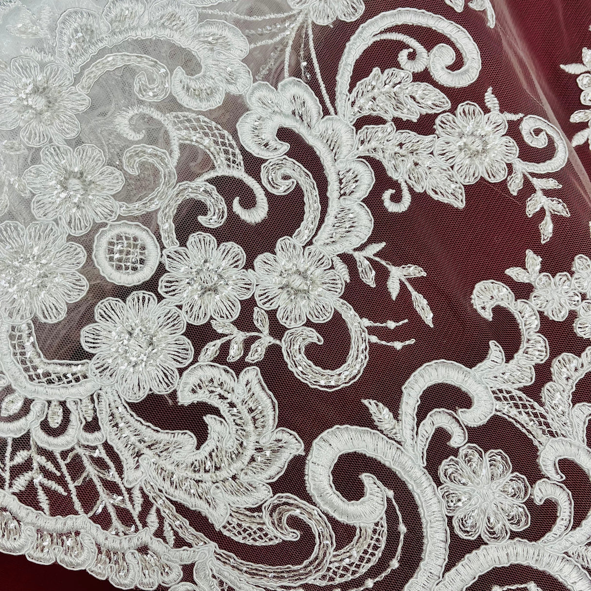 Beaded Corded Bridal Lace Fabric on Polyester Net Mesh