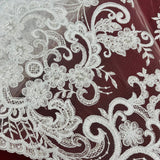 Beaded Corded Bridal Lace Fabric on Polyester Net Mesh