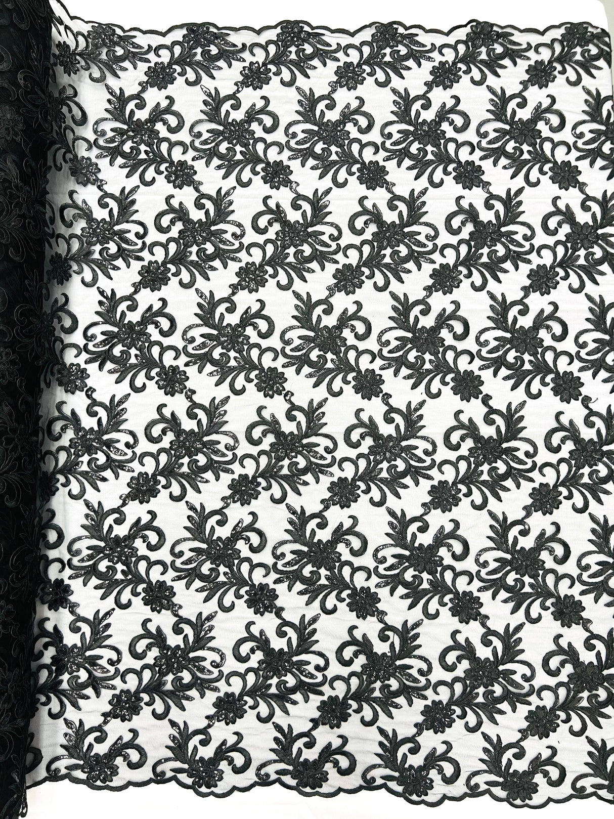 Estrella Corded Flowers Embroider With Sequins Mesh Lace Fabric - Floral Embroidered, Double Scallop, 50-54" Width, 36" Length (1 Yard)
