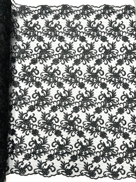 Estrella Corded Flowers Embroider With Sequins Mesh Lace Fabric - Floral Embroidered, Double Scallop, 50-54" Width, 36" Length (1 Yard)