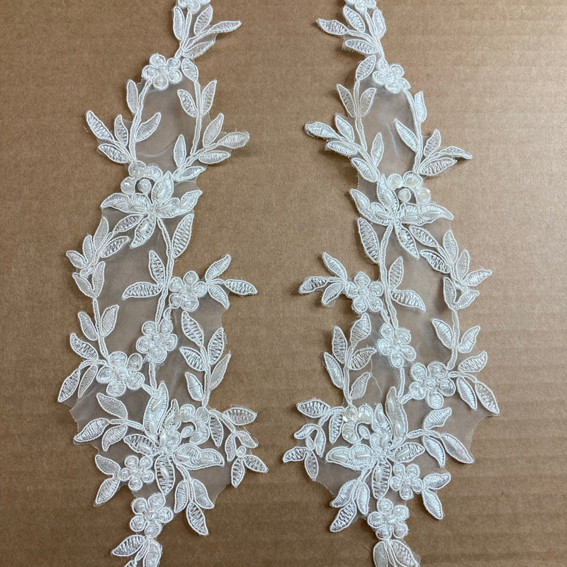 1 Yard Beaded and Corded Floral Lace Applique 13" x 4" Each Side