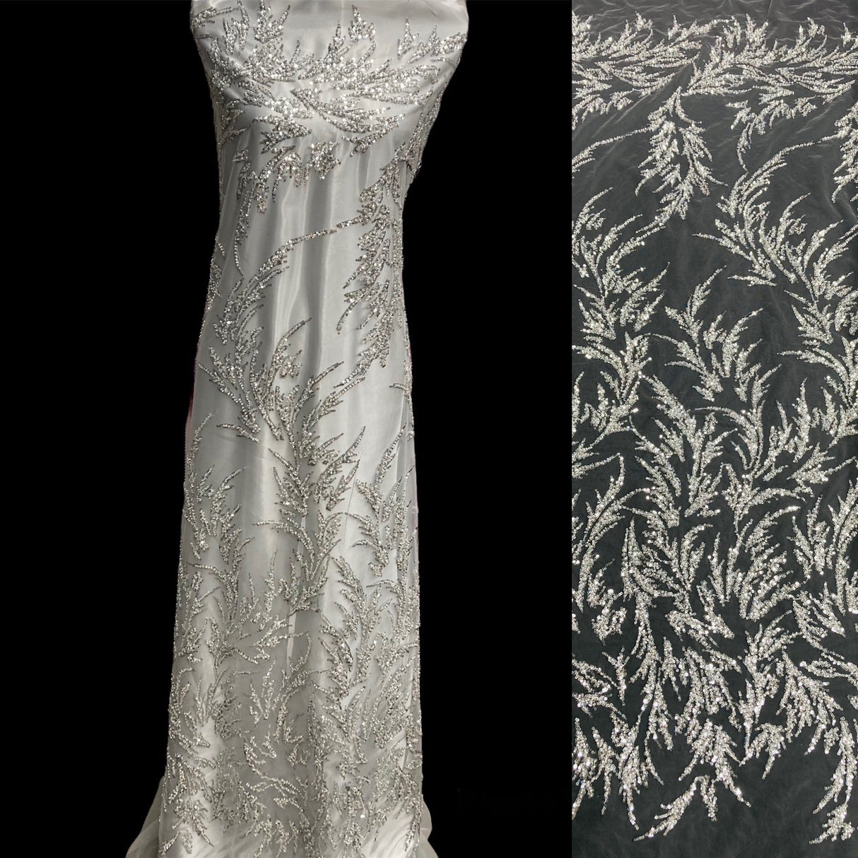 Beaded Lace Fabric on Polyester Net Mesh 54"