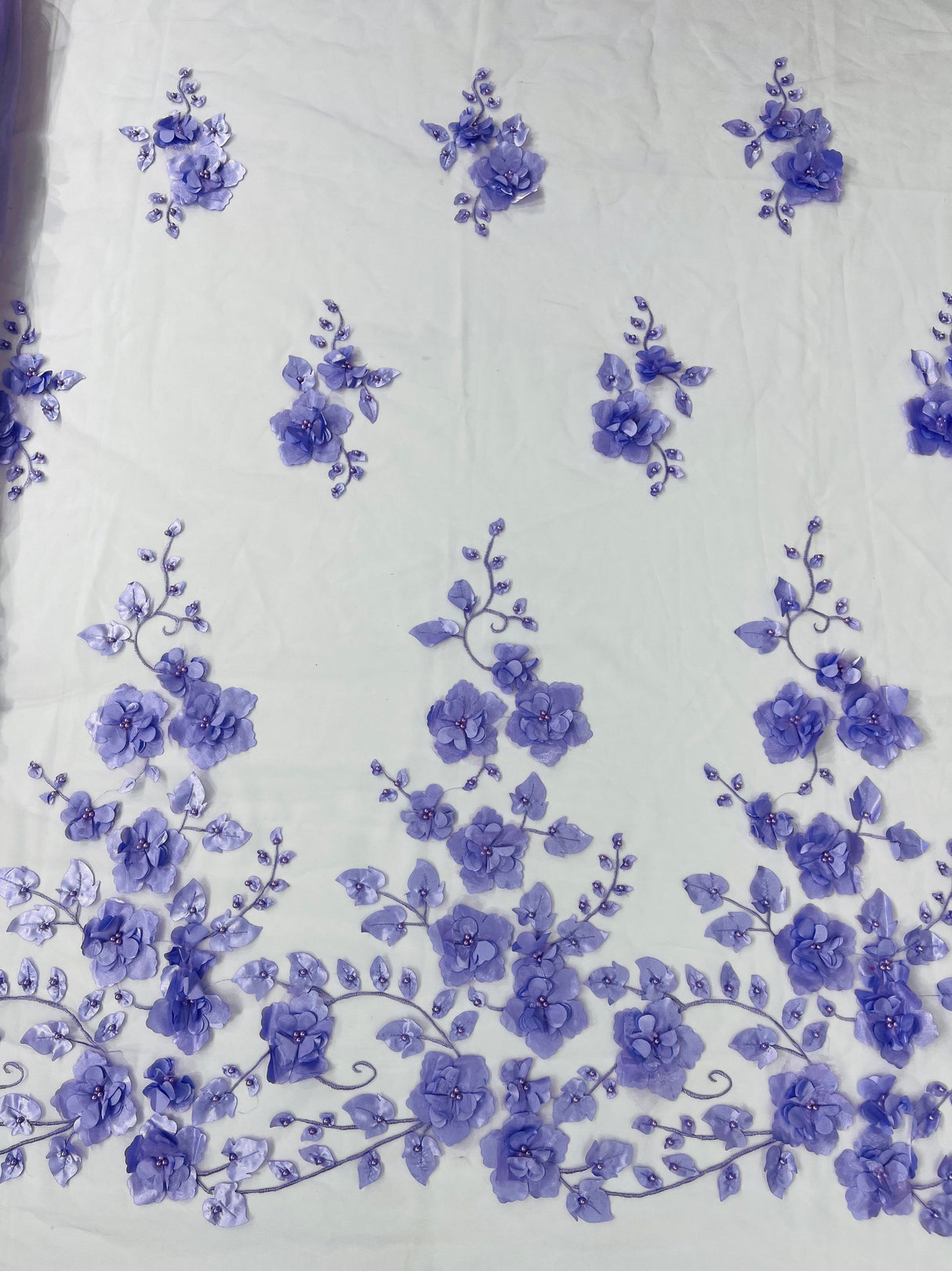 Orquidia 3D Floral Design Embroidered With Pearls Lace Fabric - 3D Floral Mesh Lace, 54" Width (1 Yard)