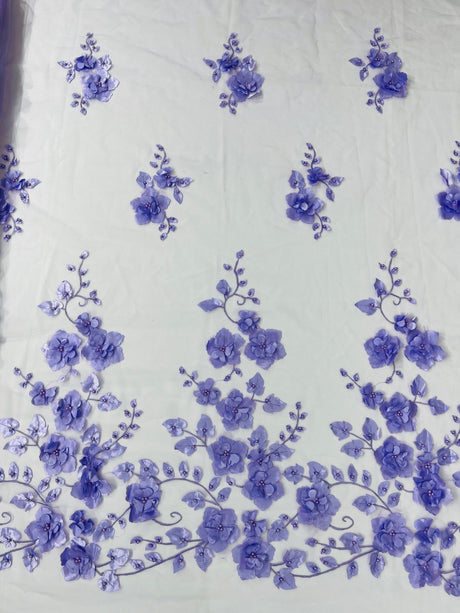 Orquidia 3D Floral Design Embroidered With Pearls Lace Fabric - 3D Floral Mesh Lace, 54" Width (1 Yard)