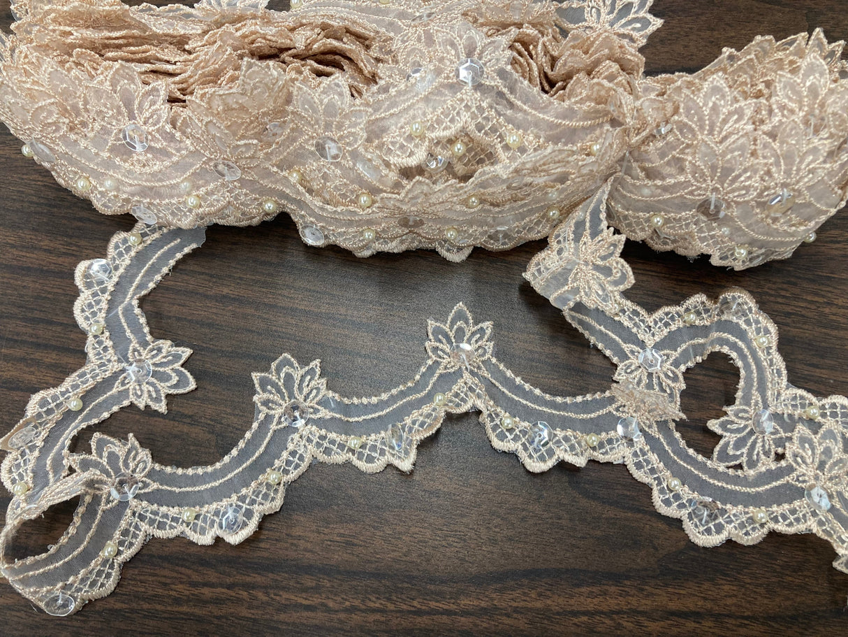 Beaded Lace Trimming Embroidered On 100 Percent Polyester Organza Fabric - Assorted Colors, 2.5" Width (1 Yard)