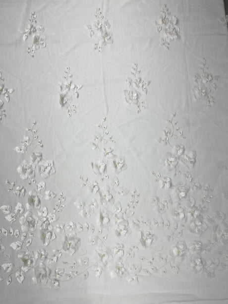Orquidia 3D Floral Design Embroidered With Pearls Lace Fabric - 3D Floral Mesh Lace, 54" Width (1 Yard)