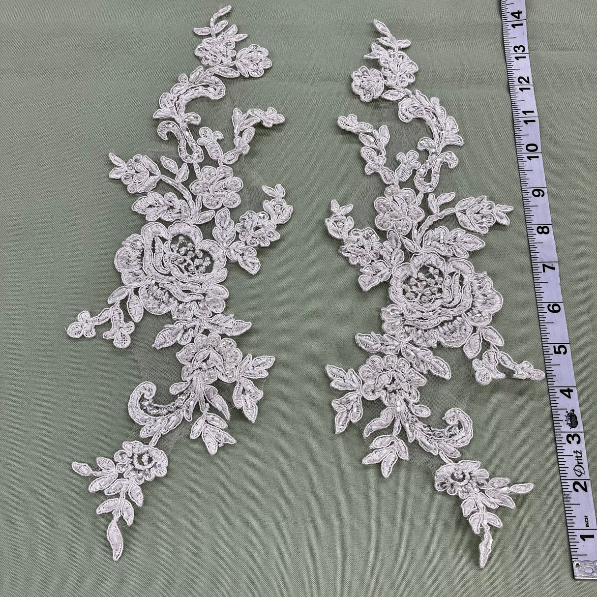 1 Pair 15" x 3.5" Beaded & Corded Floral Lace Applique Embroidered on 100% Polyester Net Mesh
