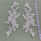 1 Pair 15" x 3.5" Beaded & Corded Floral Lace Applique Embroidered on 100% Polyester Net Mesh