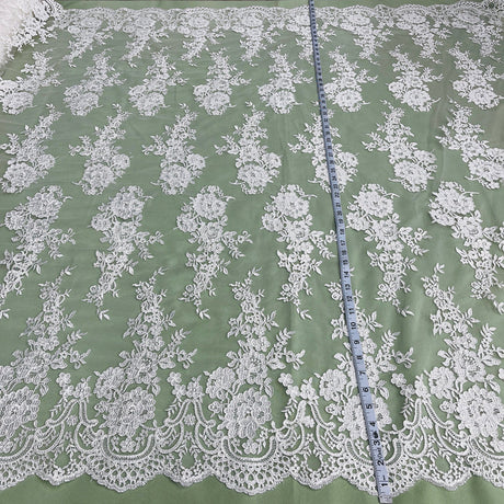 1 Yard Elegant Corded Bridal Lace Fabric with Floral Embroidery White