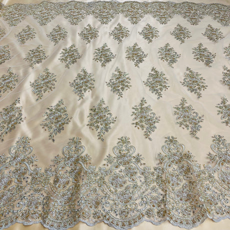 Beaded Corded Lace Fabric With Scallops