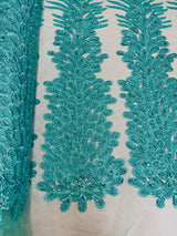 New Vegas Heavy Beaded Feather Design Embroidery Mesh Fabric - Beaded Feather Design, 11" Width, 50" Length (1 Panel)