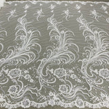 1 Yard Luxurious Beaded and Corded Bridal Lace Fabric Embroidered on 100% Polyester Net Mesh White