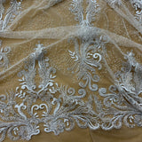 1 Yard Beaded Lace Fabric Embroidered With Fuzzy Thread on 100% Polyester Net Mesh
