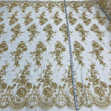 1 Yard Beaded Corded Bridal Lace Fabric Embroidered 100 Percent Polyester Net Mesh 53 inch Width
