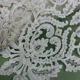 1 Yard Beaded Corded Bridal Lace Fabric Embroidered on 100 Percent Polyester Net Mesh Gold