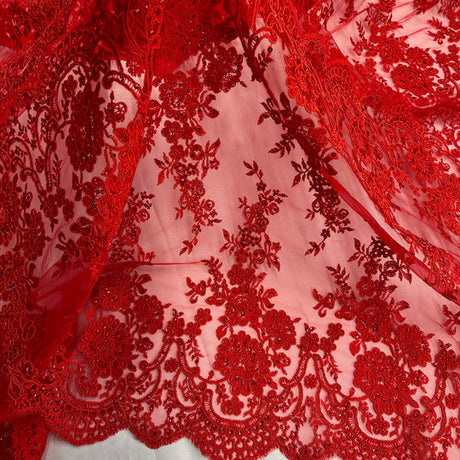 1 Yard Beaded Corded Bridal Lace Fabric Embroidered 100 Percent Polyester Net Mesh 48 inch Width