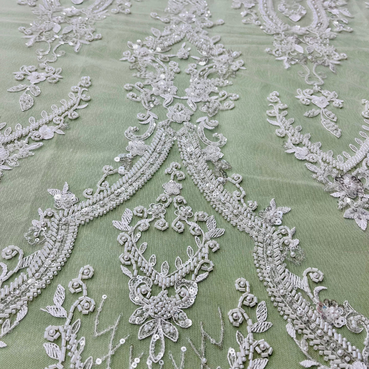 Beaded Lace Fabric on Polyester Net Mesh