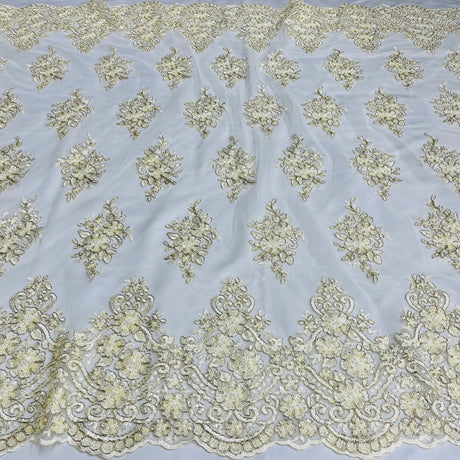 Beaded Corded Lace Fabric Metallic Scallops