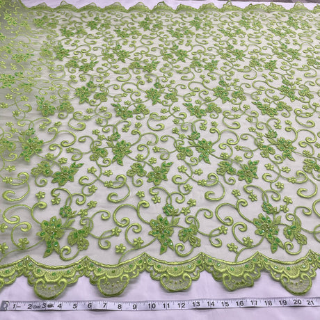 1 Yard - Beaded & Corded Bridal Fabric Lace Embroidered on 100% Polyester Net Mesh - Ivory - 54"
