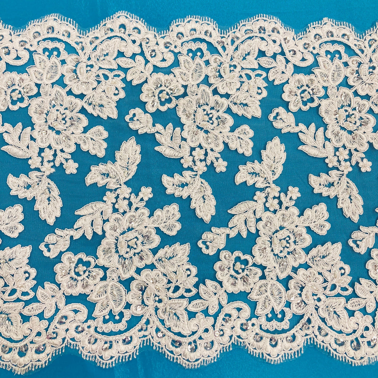 Double Sided Beaded & Corded Lace Trim Polyester Fabric - Embroidered Couture Lace, 14.5" Width (1 Yard)