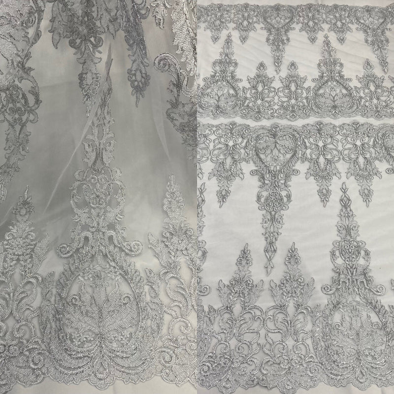 1 Yard Elegant Corded Bridal Lace Embroidered on Soft Polyester Net Mesh Fabric Width 52 inches
