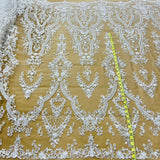 Beaded Lace Fabric Embroidered On 100 Percent Polyester Net Mesh Fabric - White, Ivory, Antique Silver, 52" Width (1 Yard)