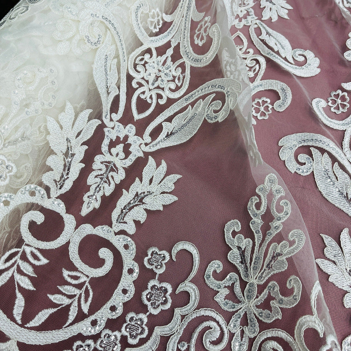 Beaded Corded Bridal Lace Ivory Mesh