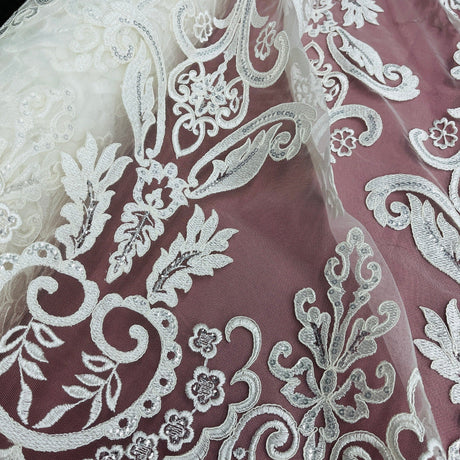 Beaded Corded Bridal Lace Ivory Mesh