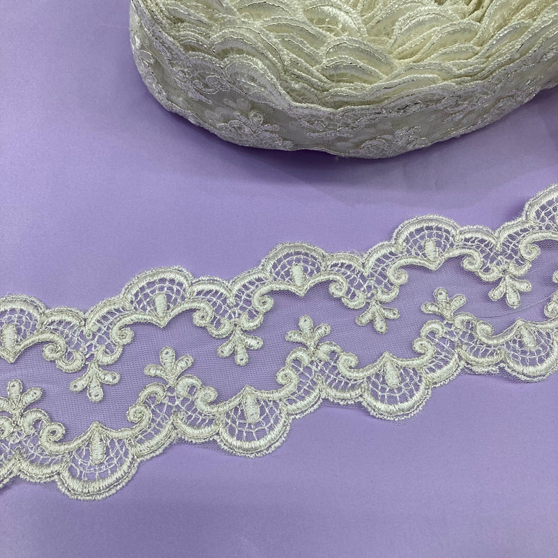 Corded Double Sided Lace Trimming Polyester Fabric - Embroidered Net Mesh, 3" Width (1 Yard)