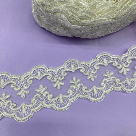 Corded Double Sided Lace Trimming Polyester Fabric - Embroidered Net Mesh, 3" Width (1 Yard)