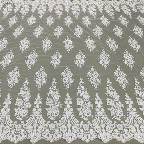 Beaded Corded Lace Fabric - Embroidered 100% Polyester Net Mesh, 52" Width (1 Yard)