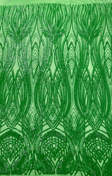 Feather Damask Shiny Sequin Design 4 Way Stretch Mesh Fabric - Iridescent Sequin Embroidered Mesh, 48-50" Width, 36" Length (1 Yard)
