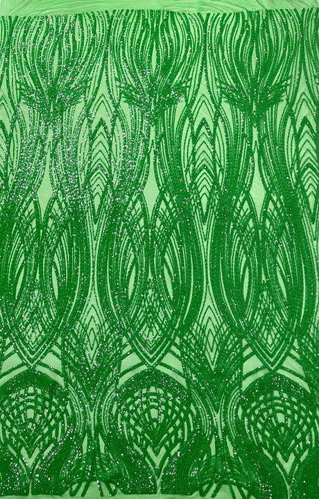 Feather Damask Shiny Sequin Design 4 Way Stretch Mesh Fabric - Iridescent Sequin Embroidered Mesh, 48-50" Width, 36" Length (1 Yard)